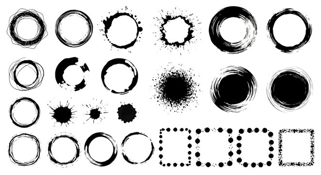 Collection of abstract ink circles and frames in black color on a white background