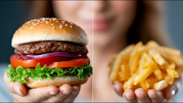 Woman presenting a fresh burger and golden French fries in a split composition, illustrating fast food choice, appetite and unhealthy eating habits