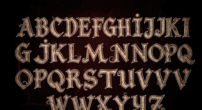 An antique alphabet with a vintage style is displayed on a dark background