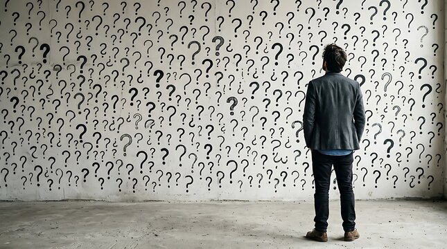Man standing in front of wall covered with question marks