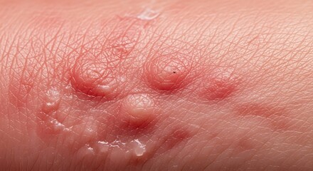 Fototapeta premium Close-up of skin with multiple blisters and redness, possibly indicating an allergic reaction or skin condition.