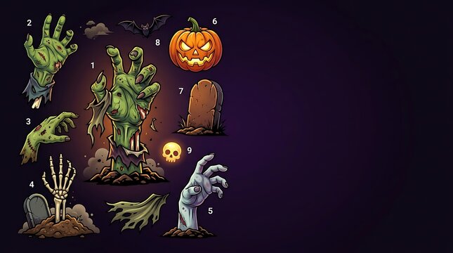 Collection of spooky halloween icons including zombie hands and pumpkin