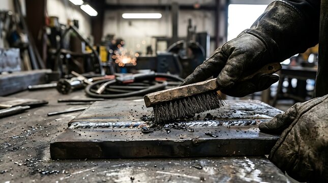 Professional worker using a wire brush to clean a weld joint on a heavy metal steel plate inside an industrial manufacturing workshop