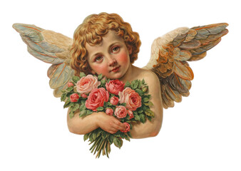 Fototapeta premium PNG Cherubic angel holding floral bouquet.