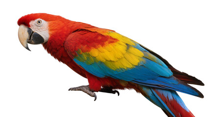 Obraz premium Scarlet macaw parrot with vibrant red yellow and blue feathers, isolated on transparent background
