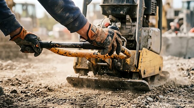 Construction worker using vibratory plate compactor on construction site with compactor construction machinery industrial equipment
