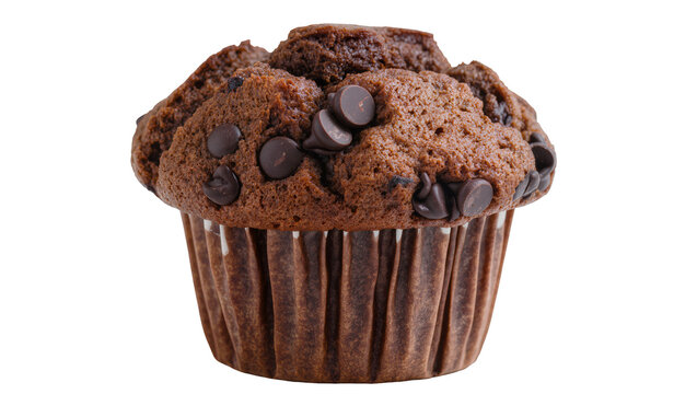Rich chocolate muffin with dark chocolate chips, isolated on transparent background