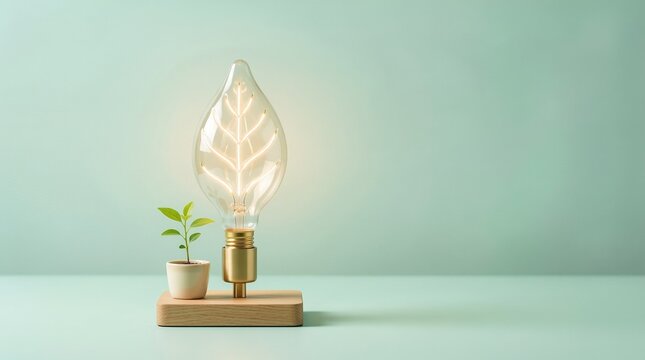 Ecological growth concept with glowing leaf shaped light bulb and small sprout on wooden base