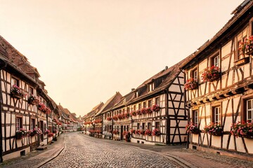 Fototapeta premium Half timbered houses with distinctive exposed wooden beams stand along a winding cobblestone street. Their windows adorned with vibrant flower boxes under a warm. Clear sky
