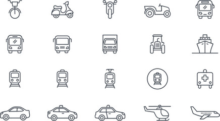Fototapeta premium Transportation and Logistics Line Icon Set with Car Bus Train Truck Scooter Tractor Helicopter Airplane and Public Transit Symbols for Maps Apps and Delivery Designs