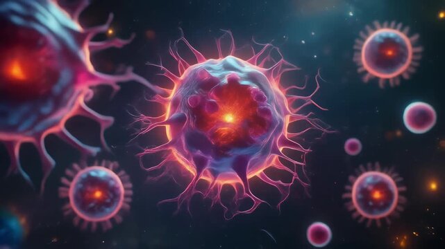 Firefly exploring the vibrant microscopic world with detailed moving cells and lively biological activity
