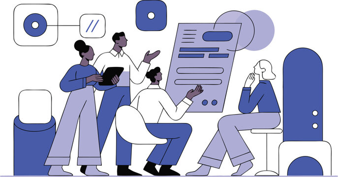 AI Business Strategy Meeting Flat Vector Illustration with Corporate Team and Digital Dashboard