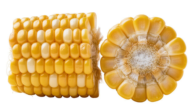 Fresh yellow and white corn kernels one cut in half, isolated on transparent background