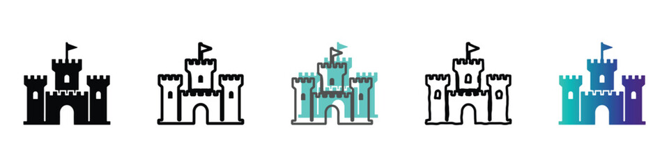 A set of stylized castle illustrations featuring different artistic interpretations and color palettes, perfect for graphic design projects © Vova7