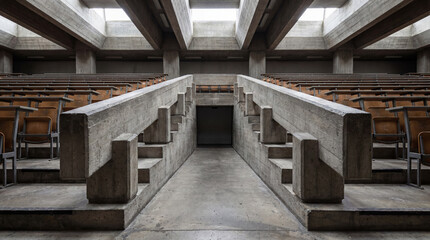 Fototapeta premium Thick Concrete Handrails Along Central Aisle Creating Brutalist Lecture Hall Architectural Interior Photography Scene Background