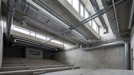 Obraz premium Professional Photography Highlighting Industrial Exposed Ventilation Ducts Suspended Above Raw Concrete Lecture Room Seating Area
