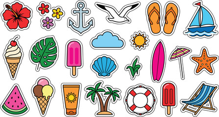 Colorful Summer Beach Sticker Pack with Tropical Flowers, Anchor, Sailboat, Surfboard, Palm Trees, and Seaside Icons Vector Collection © MdRezaul