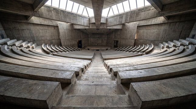 Incredible Professional Photo Depicting Heavy Solid Block Stairs Descending Into A Vast Empty Concrete Structure