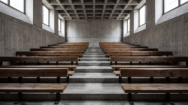 Heavy Wooden Benches Bolted Into Concrete Floors Creating Brutalist Academic Interior Scene Photography Background Photo