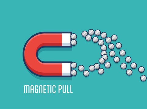 A red horseshoe magnet attracts metal balls in a magnetic pull.