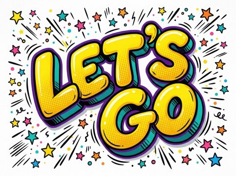 Comic book style speech bubble with lets go text and colorful pop art background for energetic marketing
