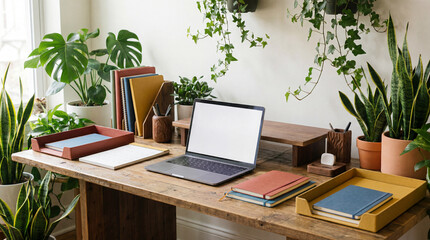 Fototapeta premium Sustainable Eco Friendly Office Desk Displaying Blank Laptop Alongside Colorful Recycled Paper Notebooks And Planners