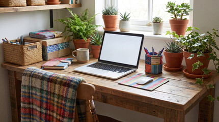 Fototapeta premium Natural Home Office Desk With Blank Laptop Colorful Fabric Accessories And Woven Details For Branding
