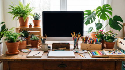 Fototapeta premium Beautiful Plant Filled Creative Workspace Desk Featuring A Blank Monitor Bright Art Tools Wooden Accessories