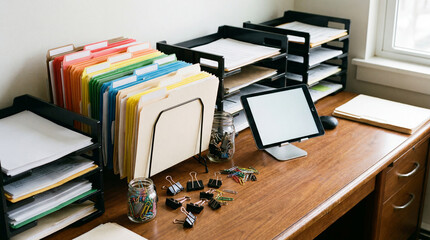 Naklejka premium Rainbow Filing Desk Organizer with Blank Divider Tabs Paper Trays Clips and Office Supplies Layout