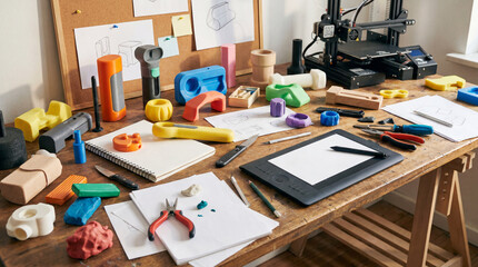 Naklejka premium Product Design Desk Workspace Filled With Colorful Prototypes Blank Sketches And Professional Physical Modeling Tools