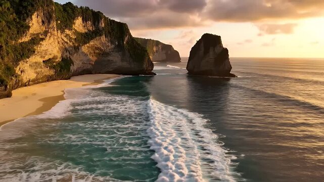Idyllic tropical beach with dramatic cliffs and crashing waves at sunset.