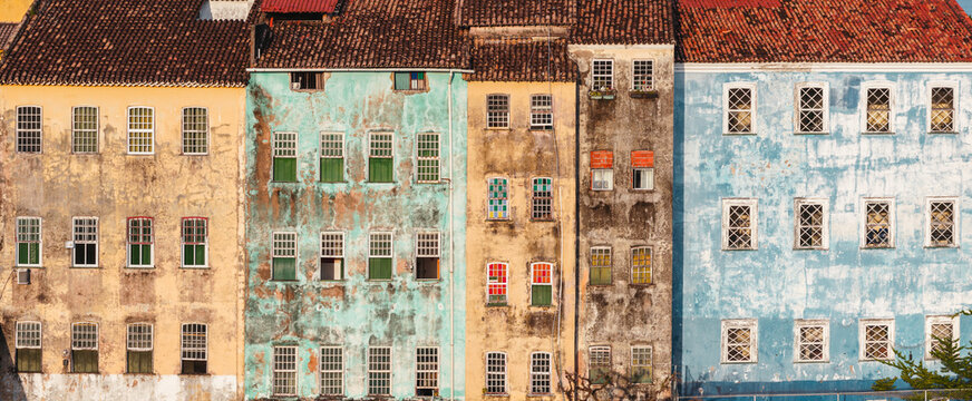 Panoramic view of pastel colonial facades in the old town, Salvador, Bahia, Brazil