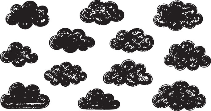 Collection of stylized black and white cloud illustrations, showcasing various shapes and forms of cumulus and stratus