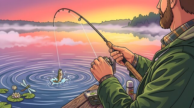 Hands of a man in a Urp plan hold a fishing rod, a fisherman catches fish at dawn. Fishing hobby vacation concept. Cartoon Style