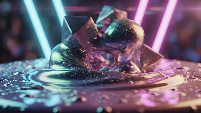 Abstract geometric shapes with vibrant neon lighting and reflective surfaces.