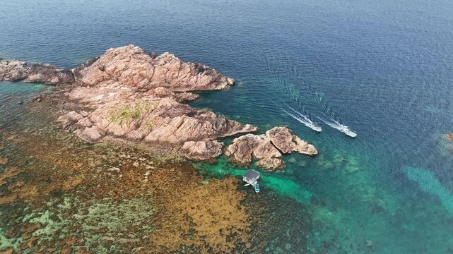 Aerial view of Hon Kho reef, boats, Quy Nhon, Binh Dinh, Vietnam