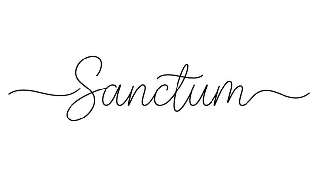 Elegant script lettering of the word sanctum designed in a continuous single line style suitable for minimalist art prints and modern design projects.