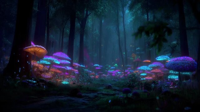 Fantasy, mysterious, wallpaper. A vivid, fantastical depiction of a dense forest bathed in a soft, ethereal light. The main subject is a cluster of illuminated mushrooms.