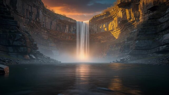 Breathtaking waterfall cascading through towering cliffs with sunlight dancing on water in nature