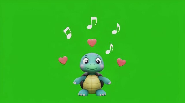 Animated Turtle Character Dancing with Hearts and Music Notes on Green Screen Background