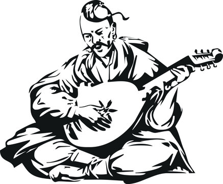 Ukrainian cossack playing bandura traditional musical instrument vector illustration