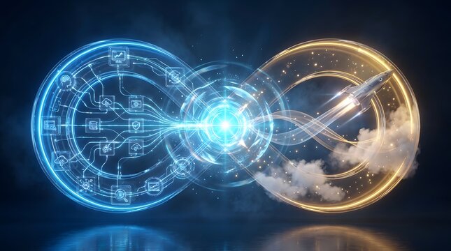 Automated software testing concept with a futuristic infinity loop and rocket, illustrating continuous quality assurance and advanced development cycles.