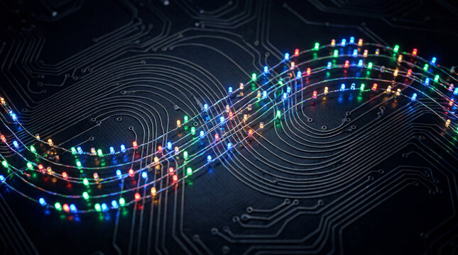 Abstract Musical Sheet with Glowing LED Dot Notes Pulsing to an Electronic Beat Visual Image