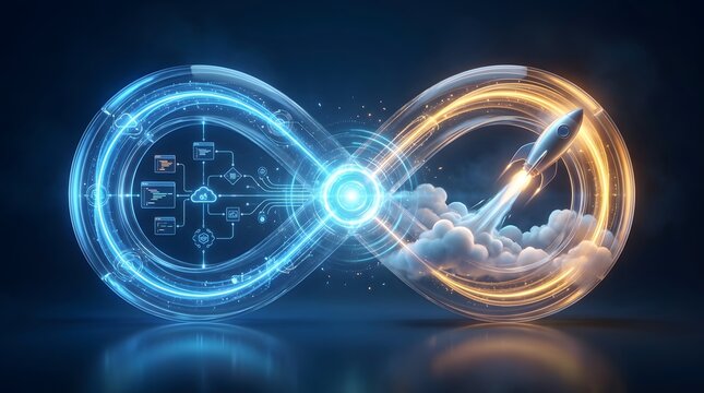 DevOps and continuous integration workflow represented by a futuristic infinity loop with a rocket, symbolizing high-speed software delivery and growth.