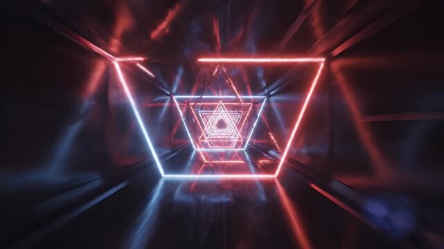 A surreal tunnel of glowing triangular neon lights.