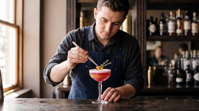 Skilled bartender garnishing colorful craft cocktail with herb and citrus, focused preparation in cozy bar setting conveying calm professionalism and warm ambiance