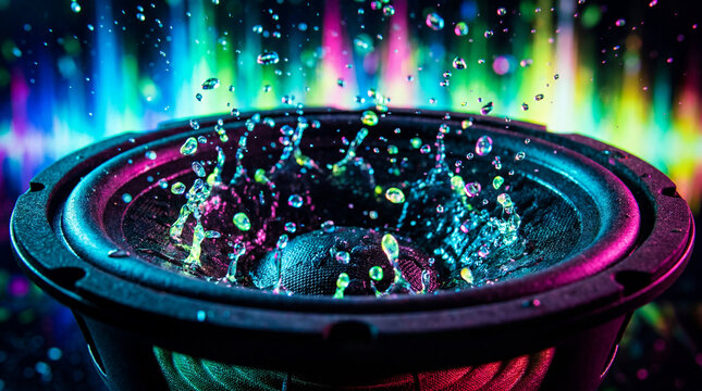 Massive Audio Speaker Cone Vibrating Intensely Causing Vibrant Colorful Neon Water Splashes To Bounce Upward