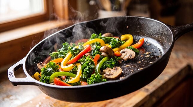 Sauteed kale with colorful bell pepper and mushroom medley steaming in cast iron skillet, vibrant healthy vegetable stir fry with rustic kitchen light and appetizing texture