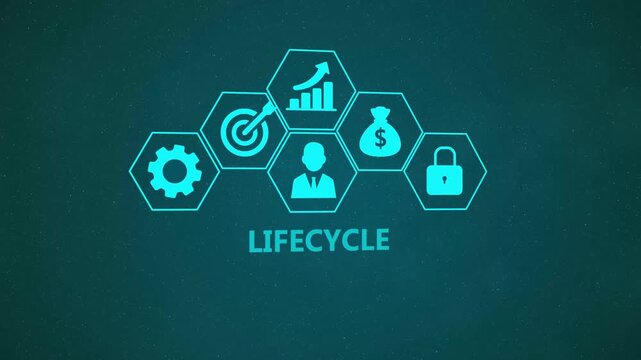 Lifecycle Management Infographic Animation with Enterprise Process Icons and Digital Operations Network on Dark Background 4K black background visuals