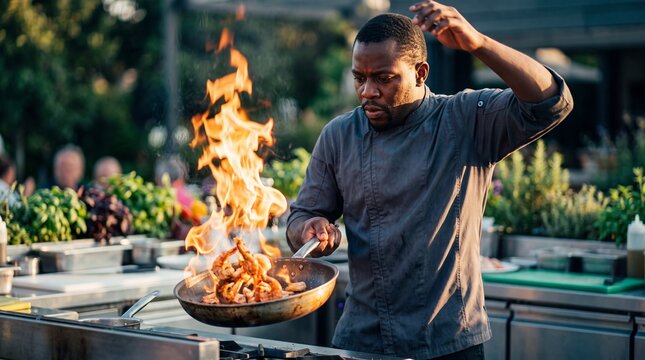 Focused chef flambeing shrimp in outdoor kitchen, captured mid action with dramatic flame and concentrated expression conveying intensity and skill
